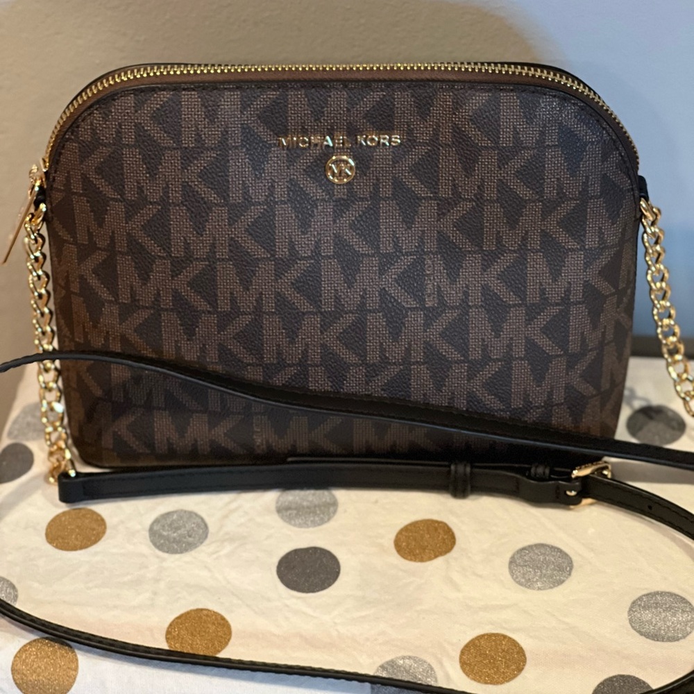 Michael Kors Brown and Black Crossbody Bag with Gold Hardware
